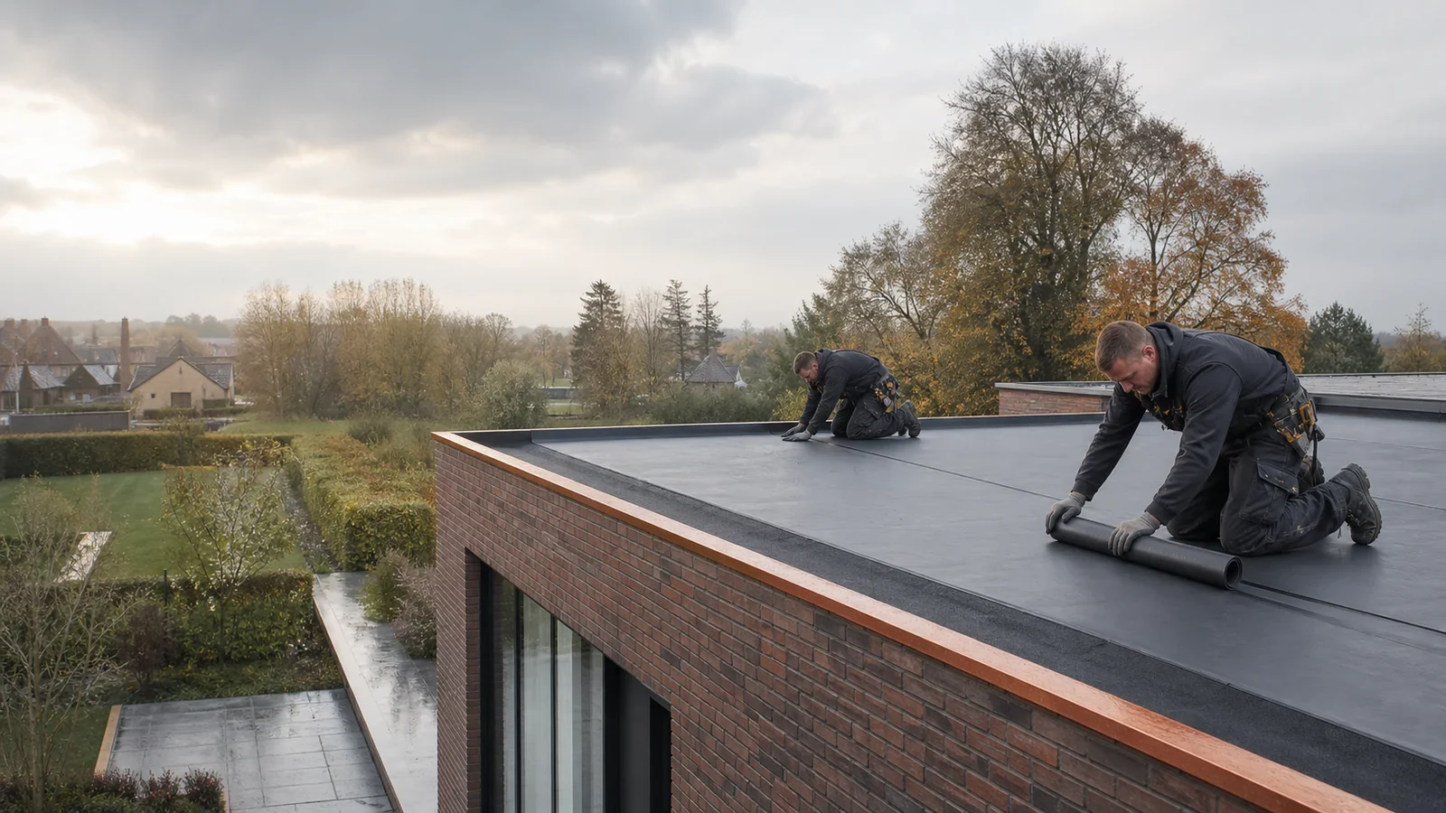 Dakwerkers plaatsen EPDM dakdichting op een Vlaamse woning